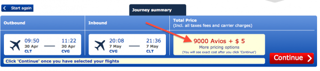 Charlotte to Cincinnati using 9,000 British Airways Avios Per Person