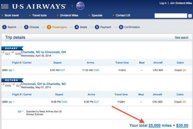 Charlotte to Cincinnati using 25,000 US Airways Miles Per Person