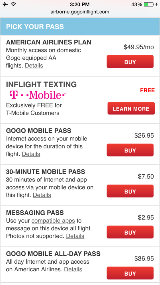 Gogo in flight wifi prices