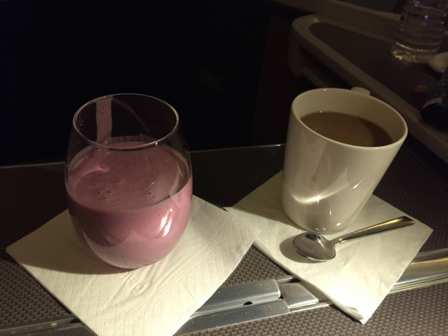 Cathay Pacific Business Class - Mixed Berry Smoothie and Coffee