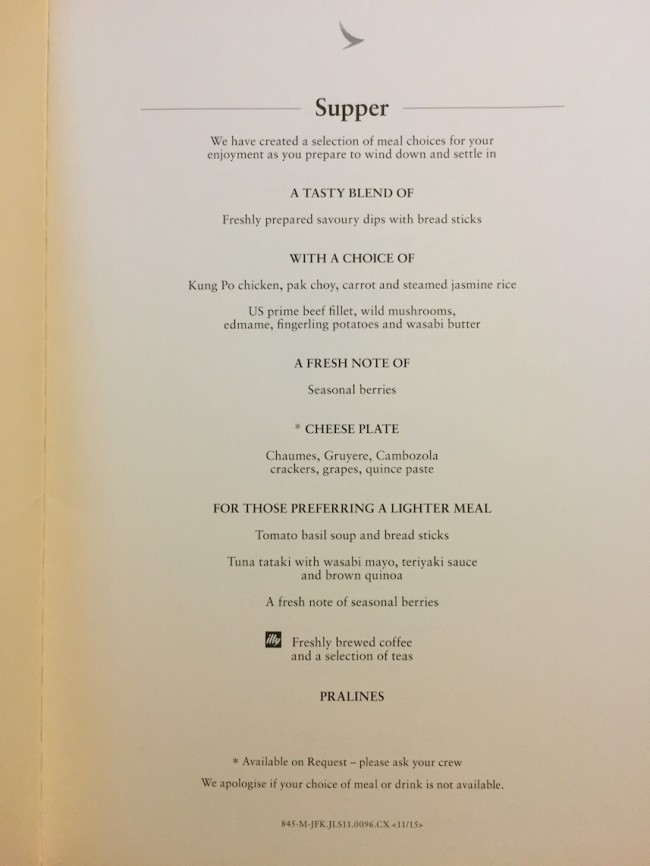 Cathay Pacific Business Class New York to Hong Kong Menu