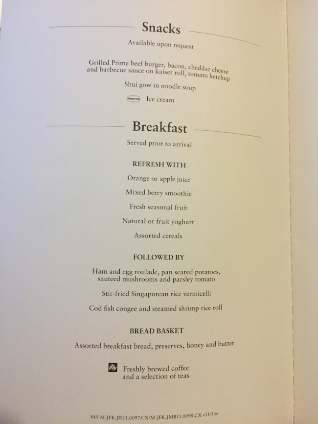 Cathay Pacific Business Class New York to Hong Kong Menu