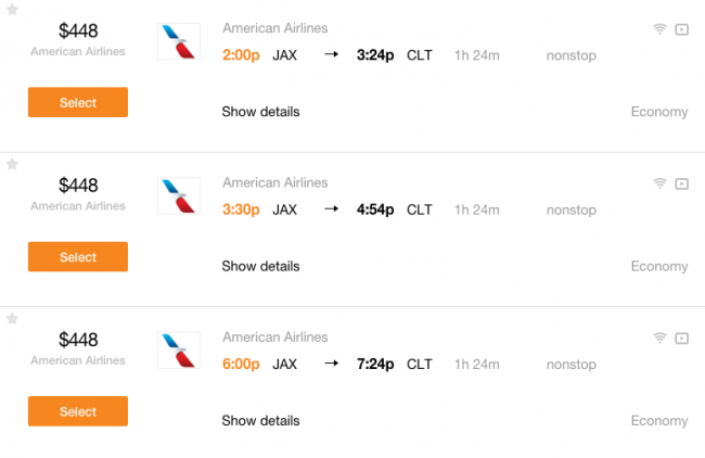 Fares for nonstop flights from Jacksonville, FL to Charlotte, NC