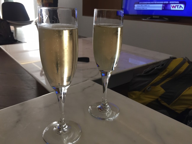 Champagne in Cathay Pacific "The Wing" Lounge